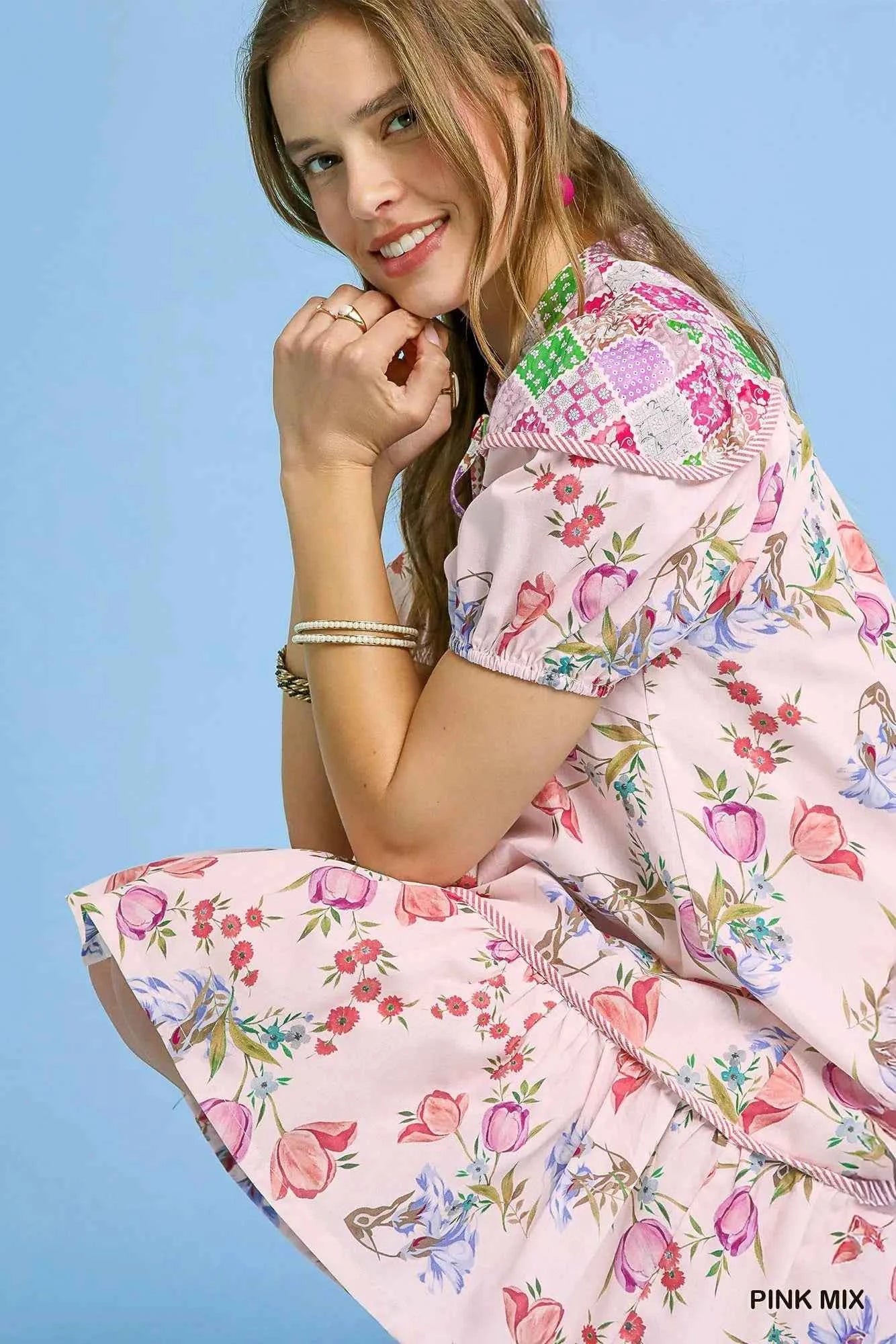 Umgee Floral Print Tie Neck Puff Sleeve Dress