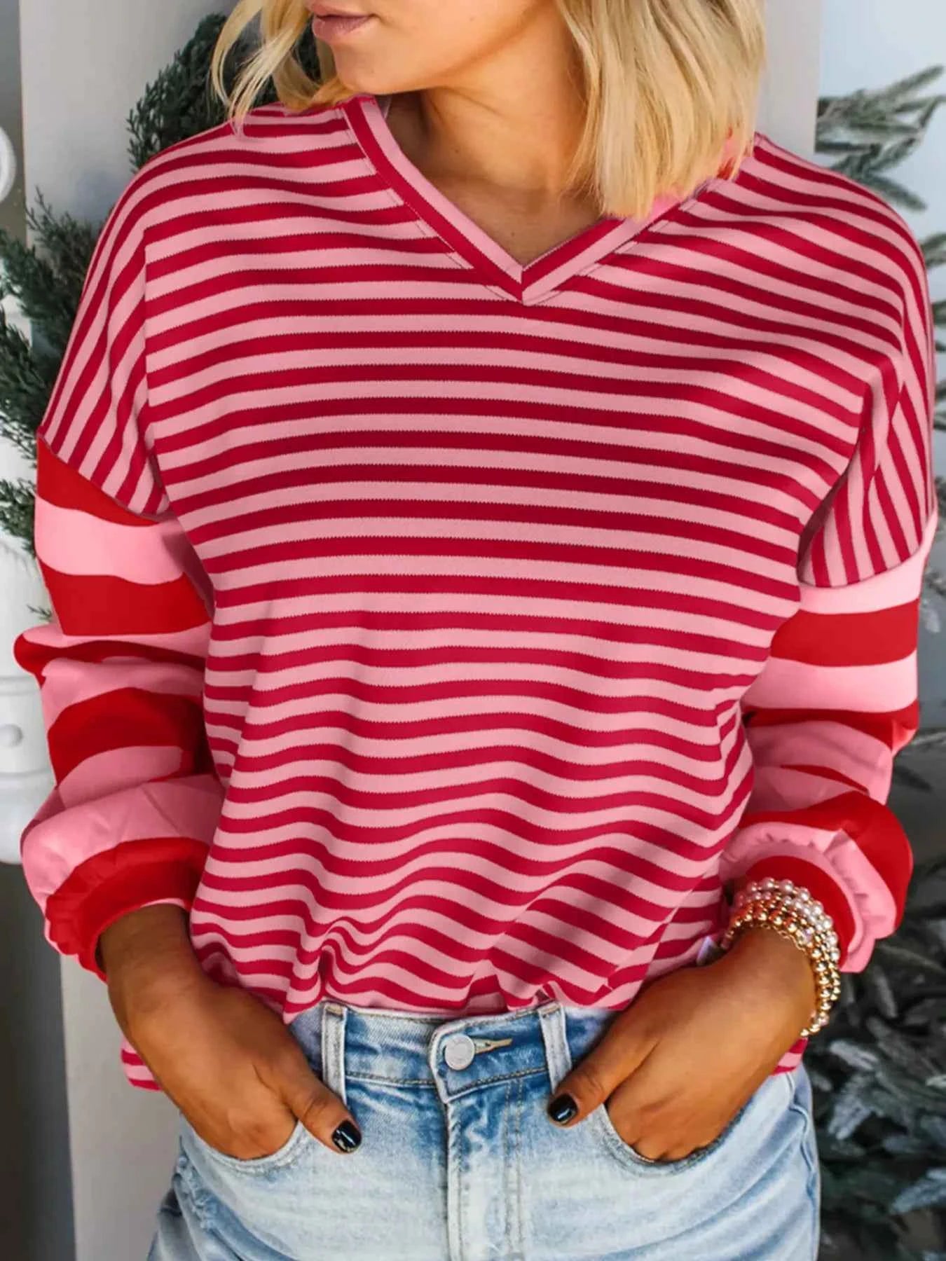 Contrast Striped Drop Shoulder V Neck Top