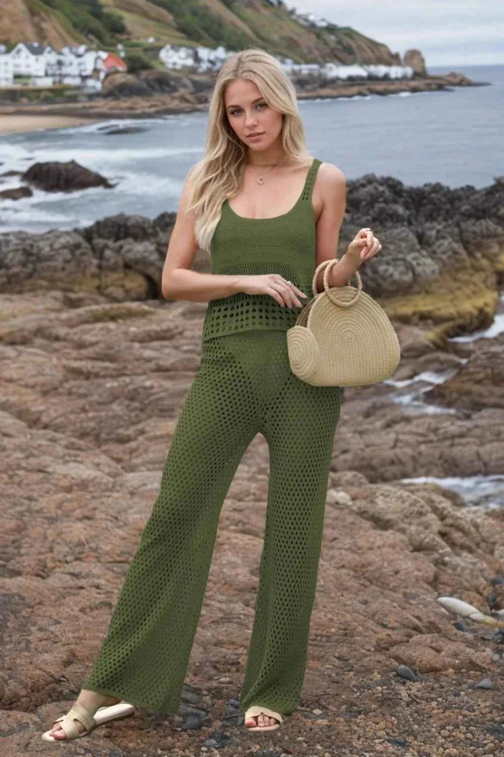 Hollow Out Round Neck Top and Pants Sweater Cover Up Set