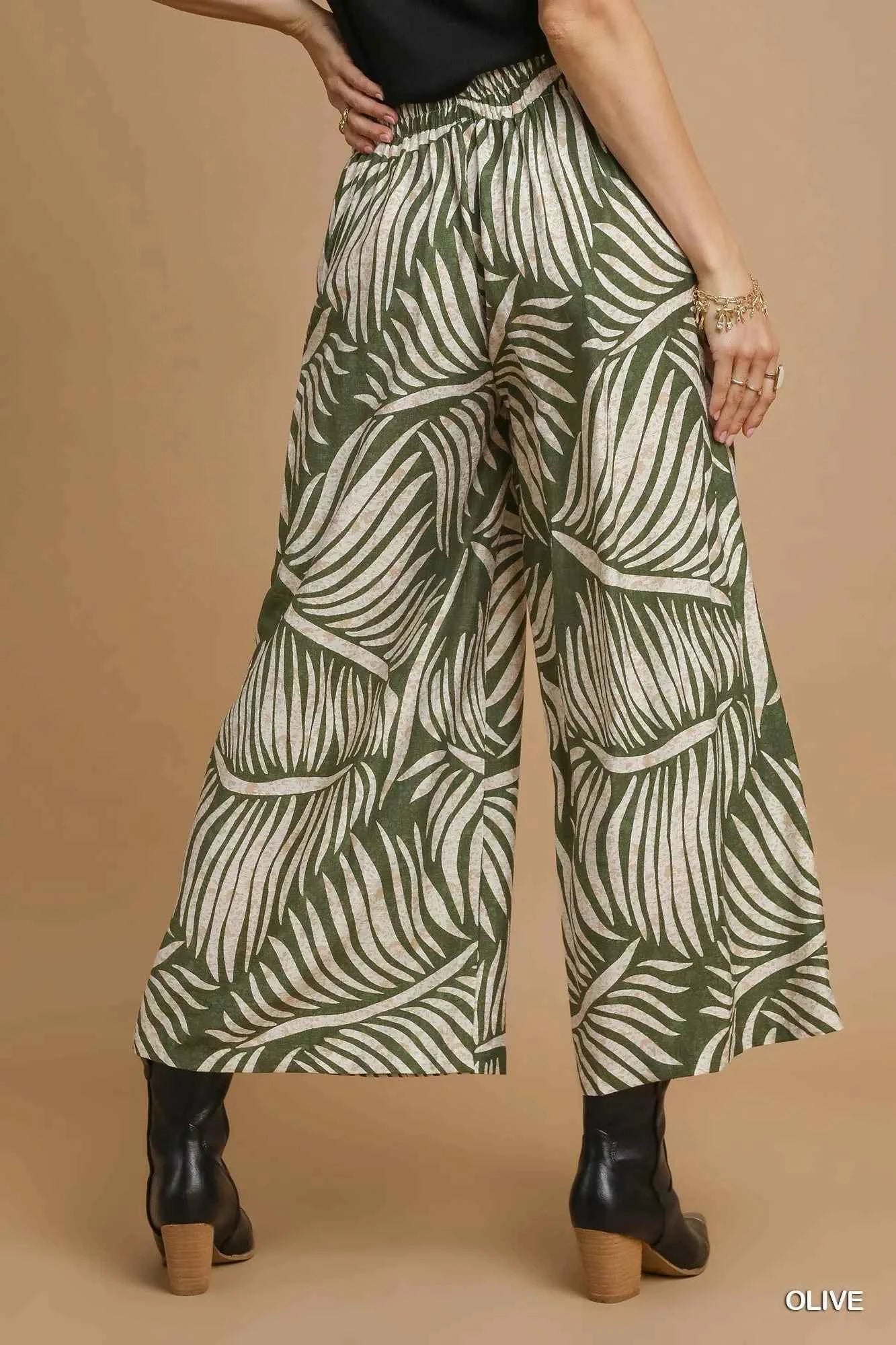 Umgee Palm Leaf Print Wide Leg Culotte Pants