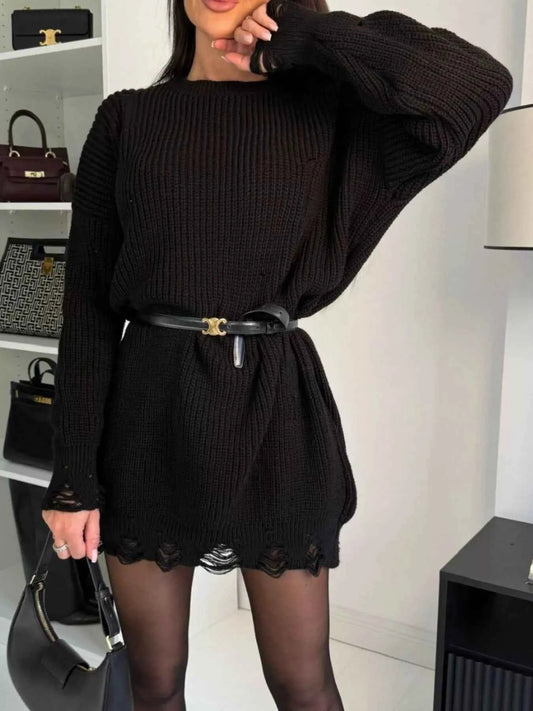 Distressed Round Neck Drop Shoulder Sweater Dress