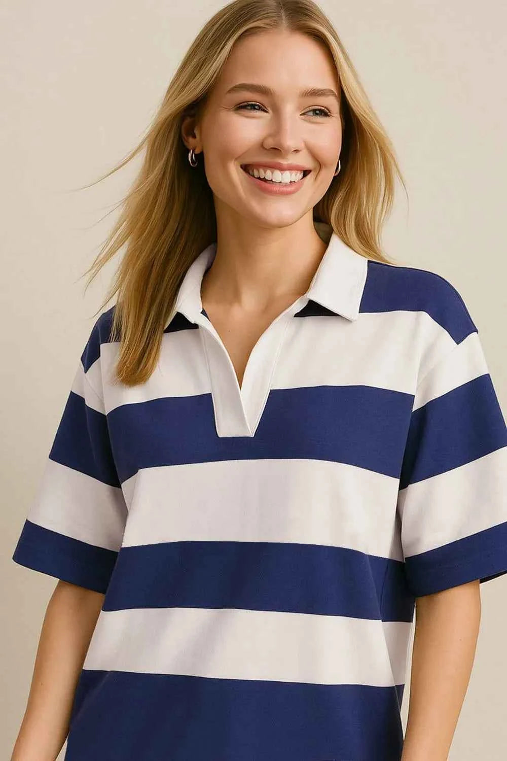 Oh Pima Cotton Wash Color Block Johnny Collar Half Sleeve Top