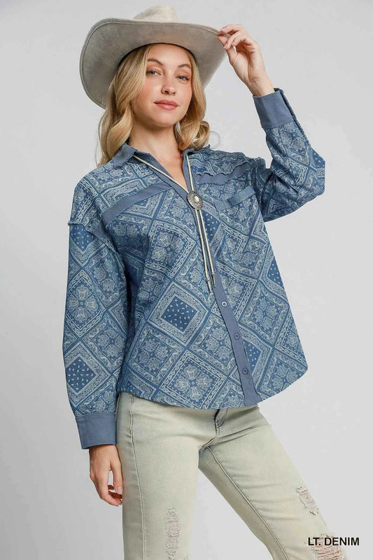 Umgee Paisley Print Denim Shirt Jacket