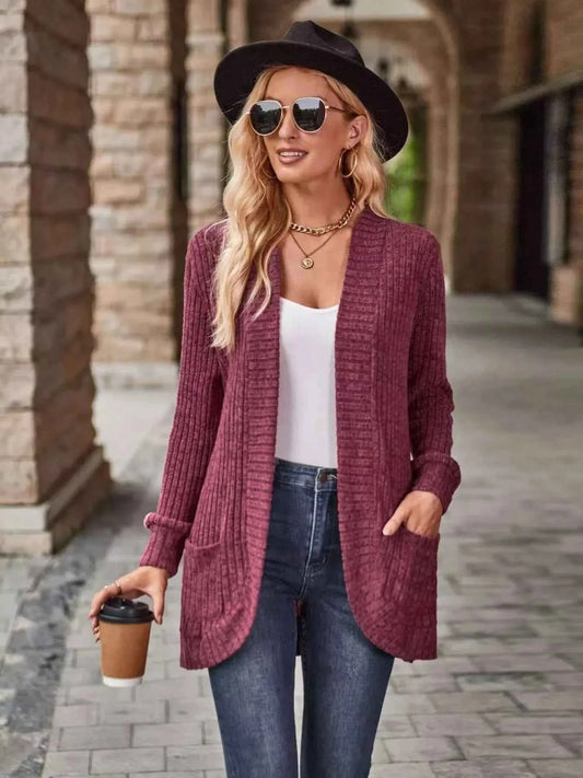 Open Front Ribbed Knit Cardigan