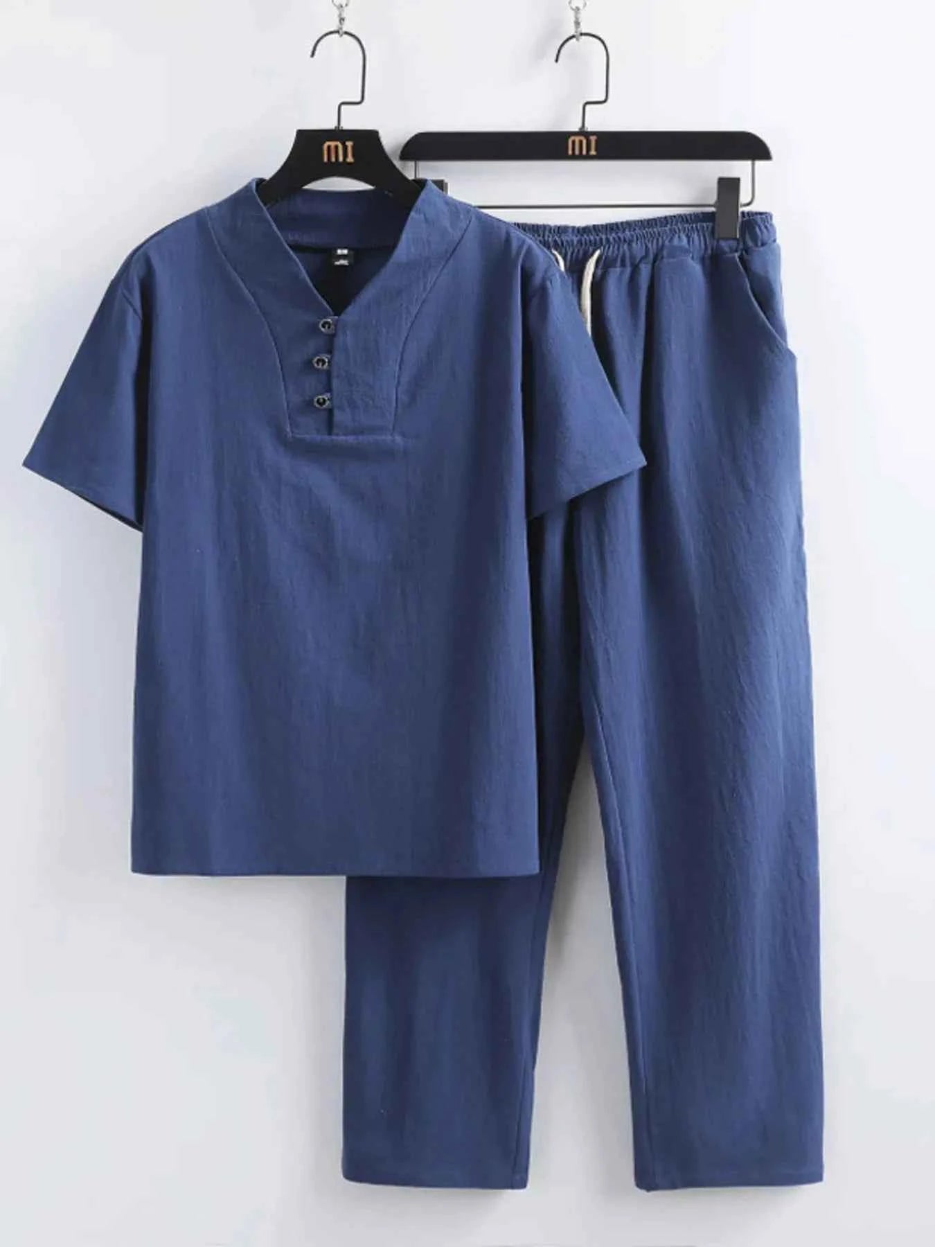 Men's Plus Size V-Neck Short Sleeve Top and Pants Set