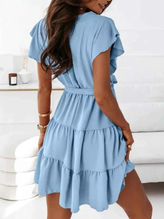Ruffle Sleeve Tie Waist Tiered Mini Dress