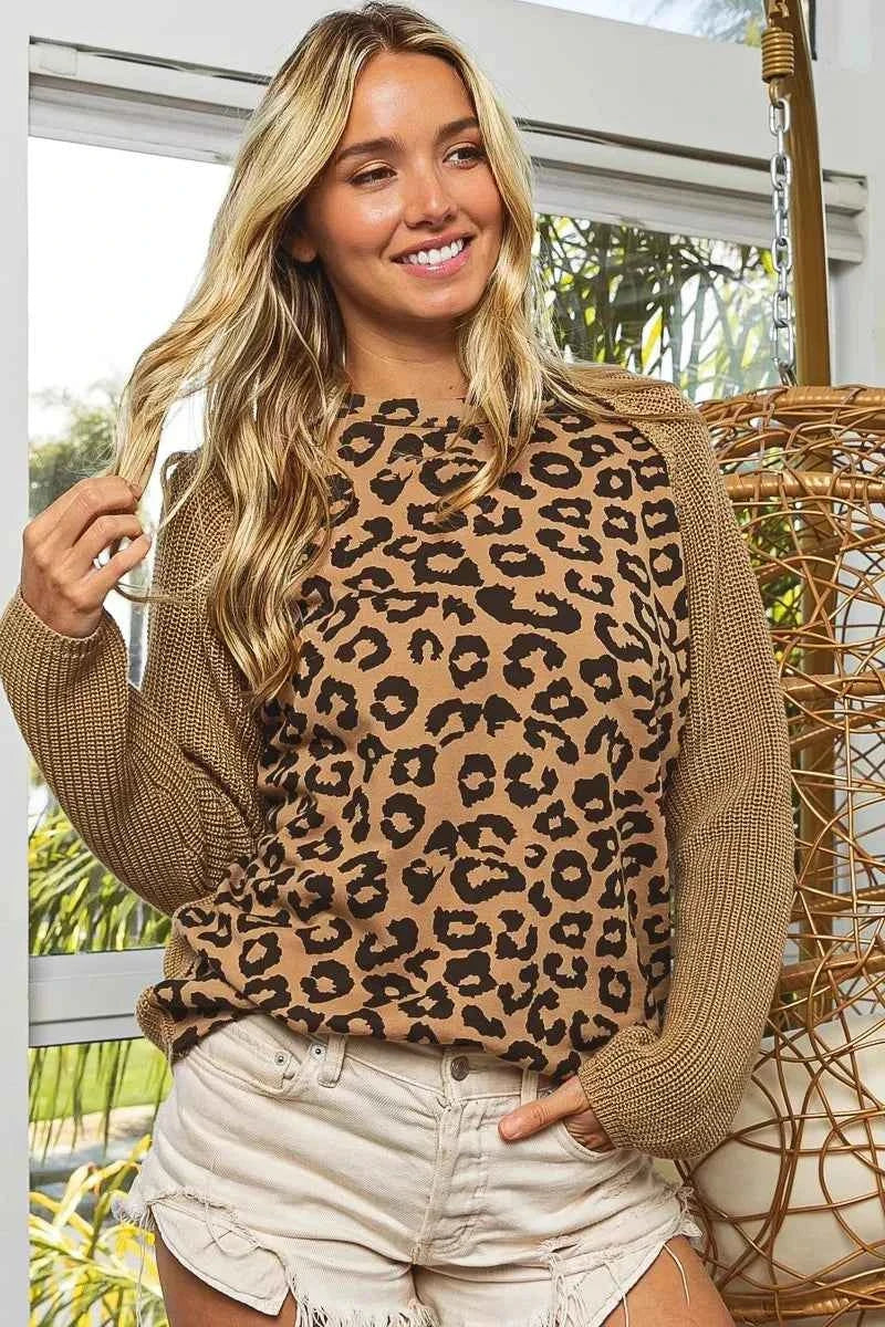BiBi Leopard Pattern Front Raglan Sleeve Sweater