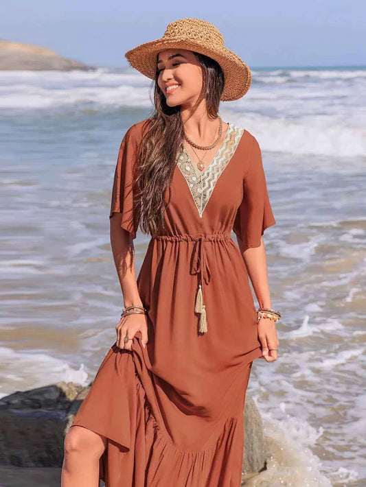 Ruffled Tassel V-Neck Flutter Sleeve Dress