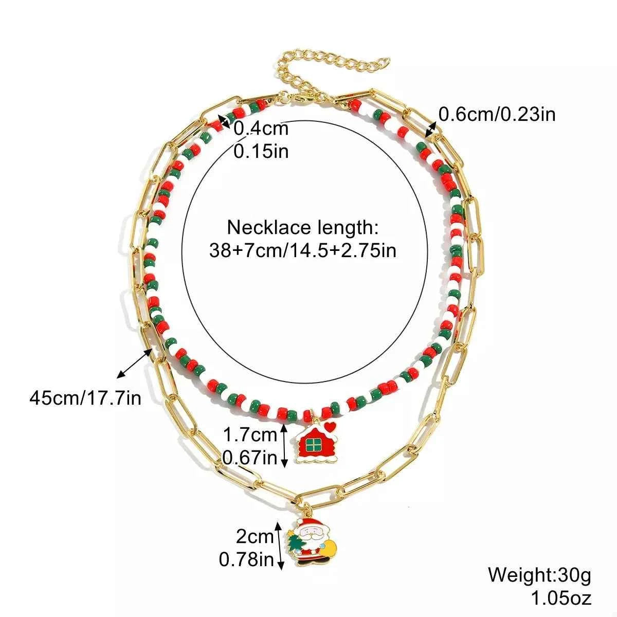 Christmas Double-Layer Necklace with Colorful Beads and Pendant