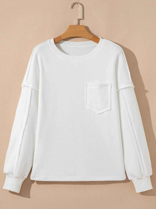 Exposed Seam Chest Pocket Knit Pullover Sweatshirt