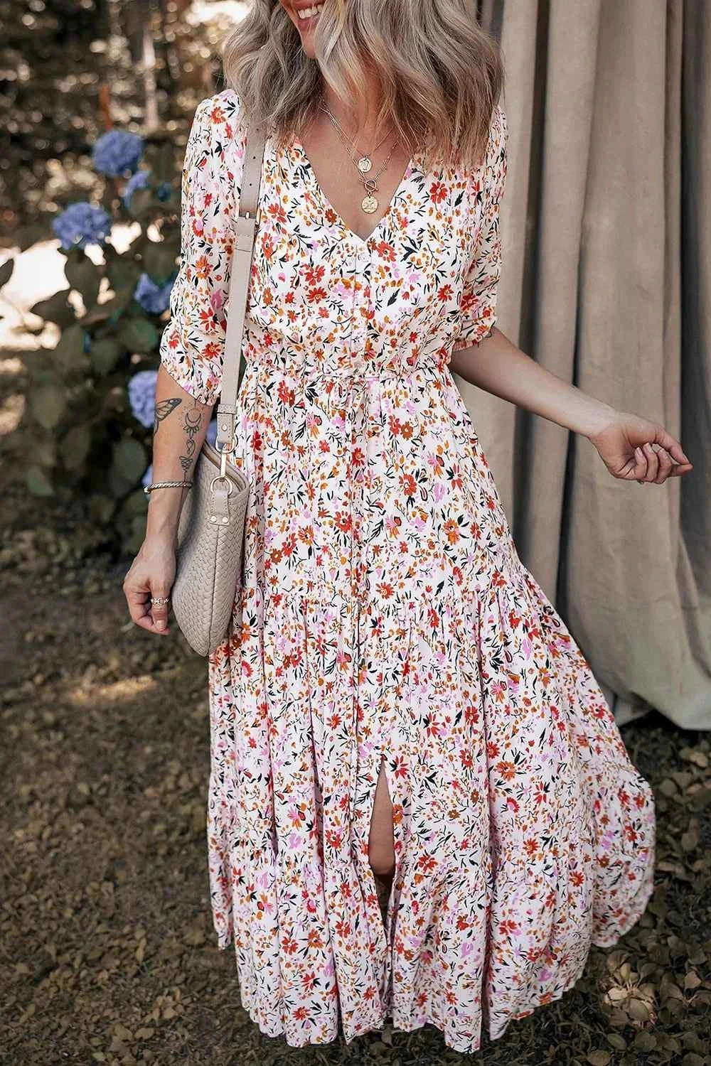 Boho Half Sleeve Floral V Neck Maxi Dress