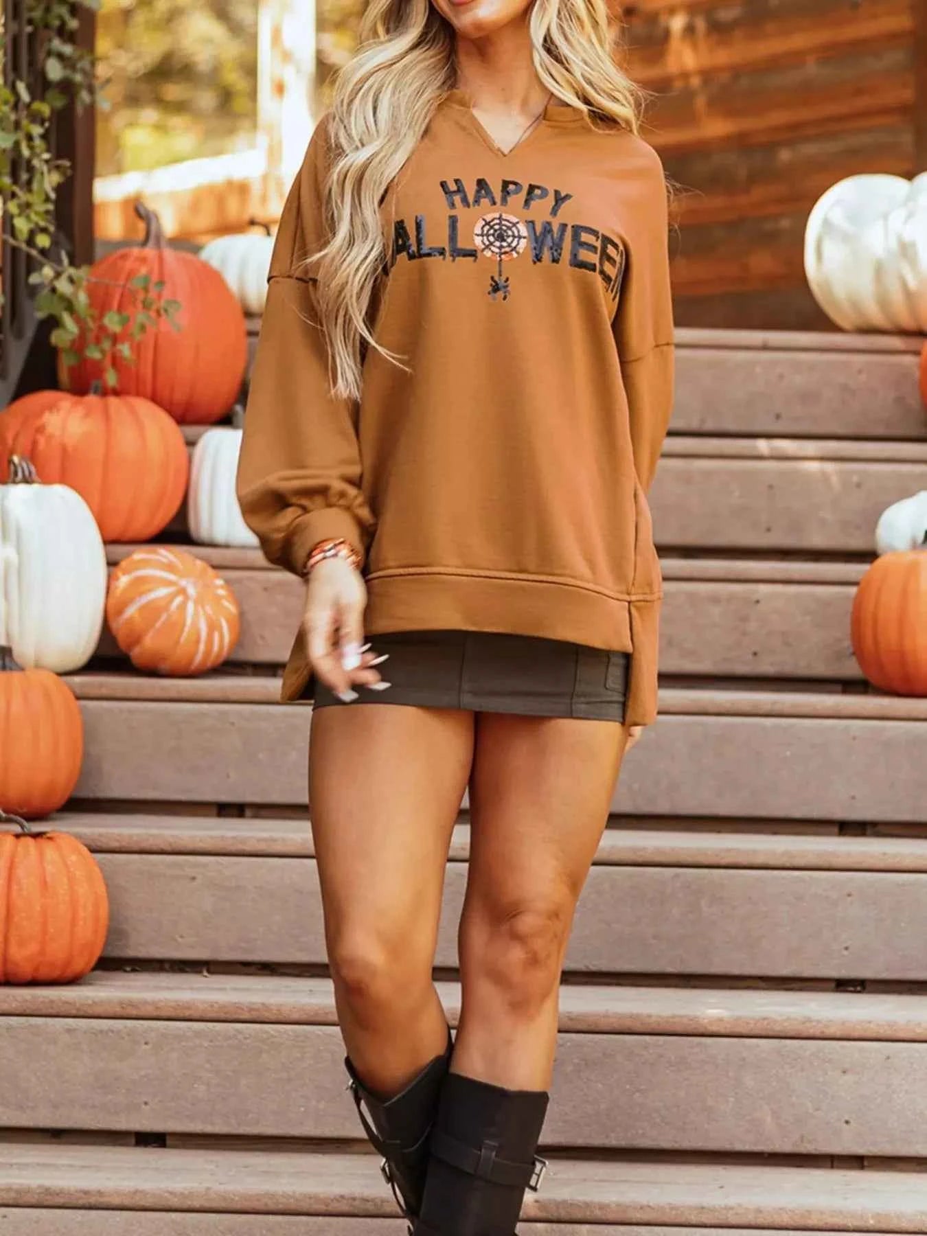 Happy Halloween Graphic Notched Long Sleeve Loose Top