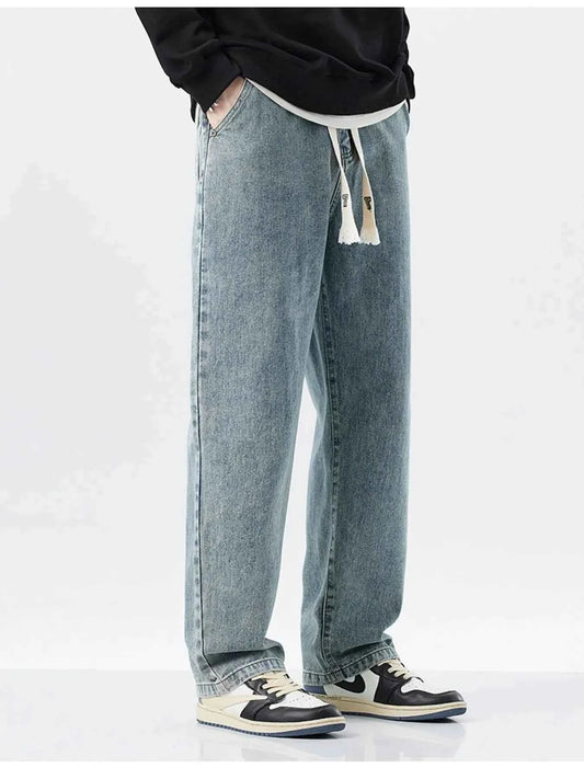 Men's Plus Size Drawstring Washed Wide Leg Jeans