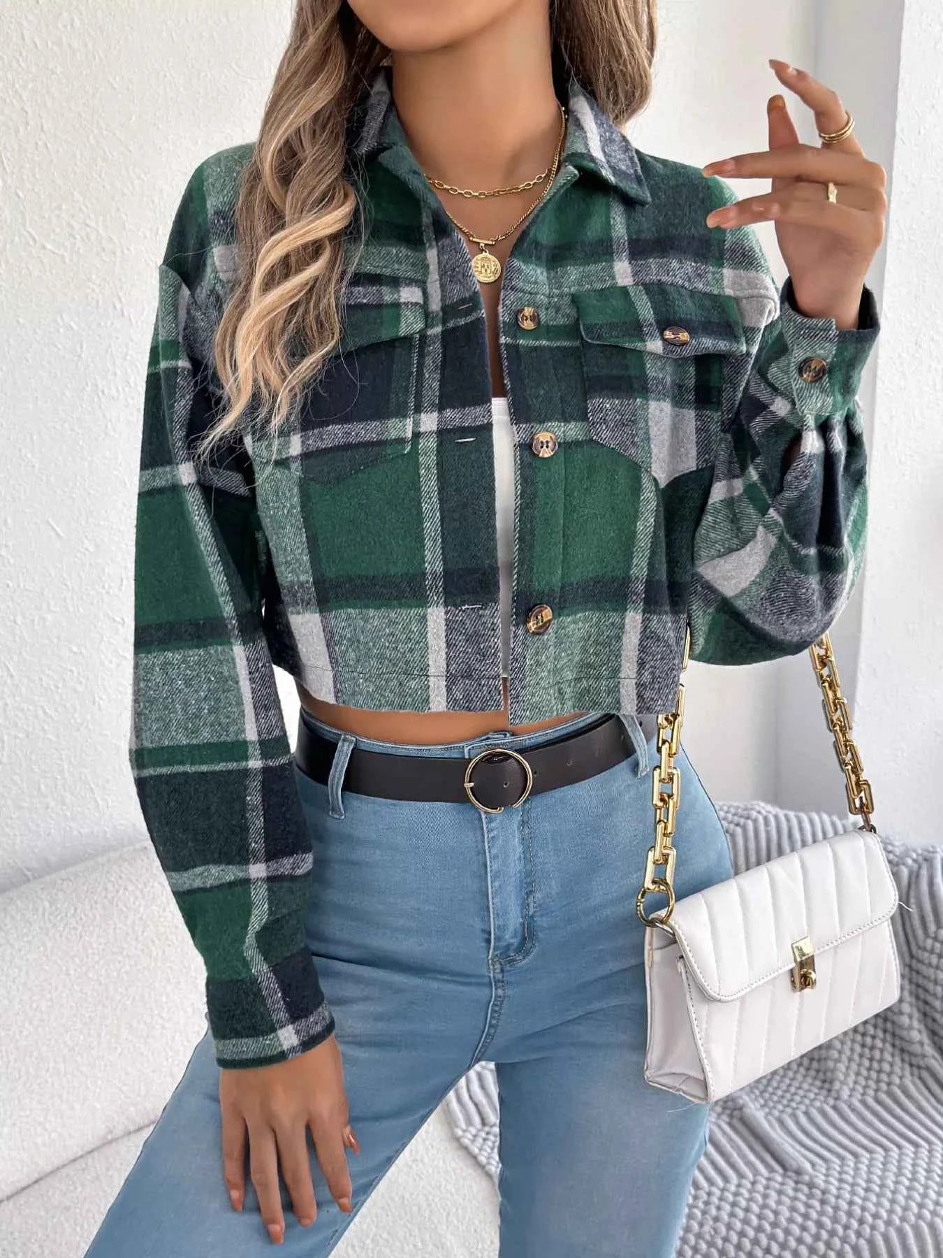 Plaid Button Up Cropped Jacket