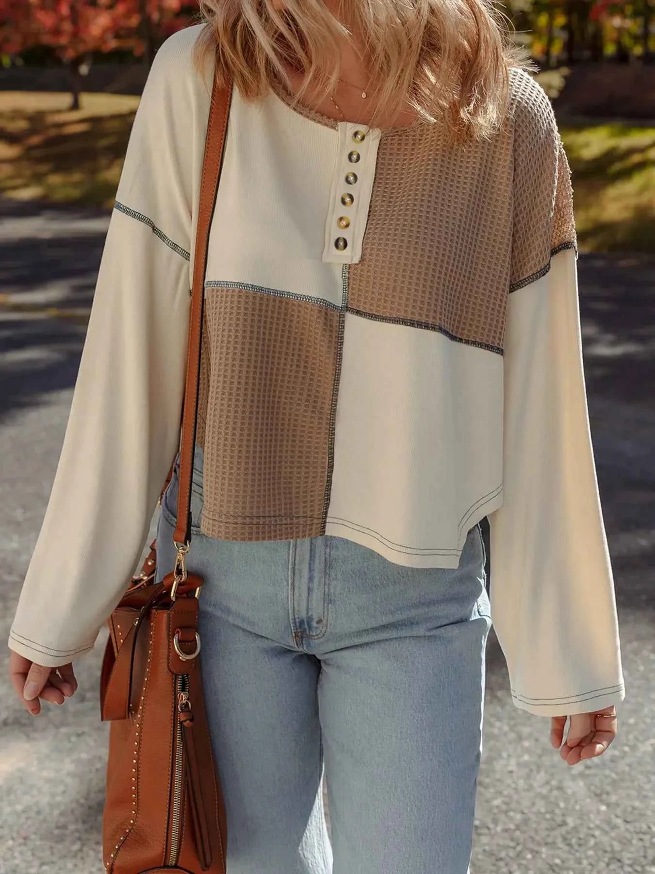 Color Block Waffle Knit Stitch Detail Long Sleeve Top