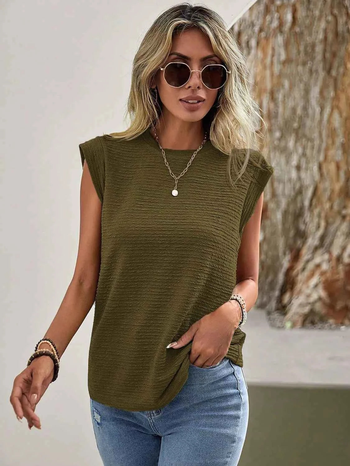 Textured Round Neck Cap Sleeve Top