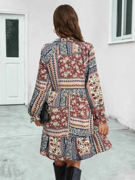 Boho Floral Print Long Sleeve Mini Dress