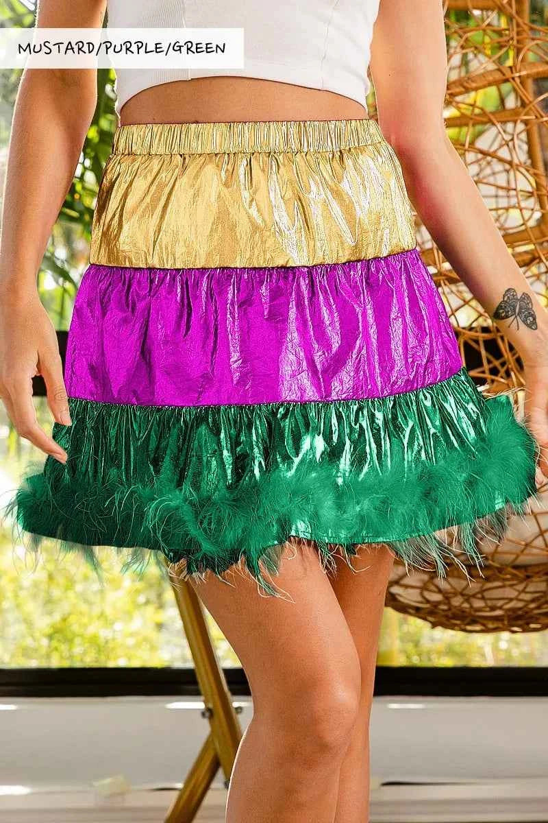 BiBi Faux Feather Hem Mardi Gras Metalic Mini Skirt