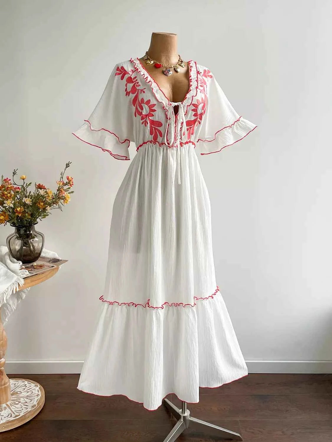 Plus Size Front Tie Maxi Dress with Floral Embroidered
