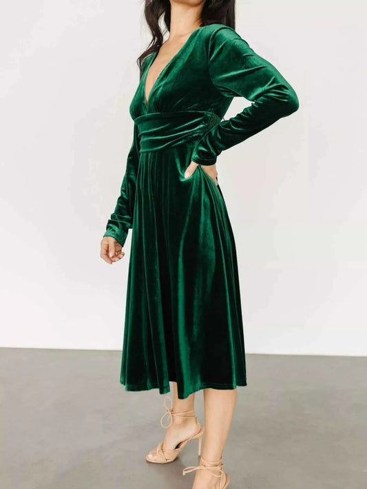 Velvet Deep V-Neck Long Sleeve Dress