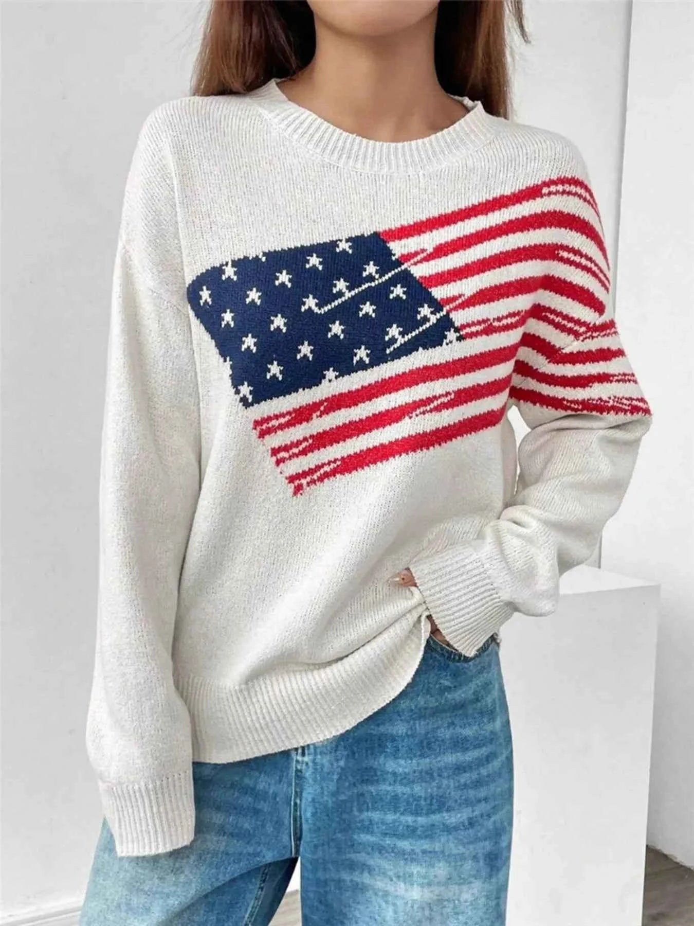 US Flag Round Neck Long Sleeve Sweater