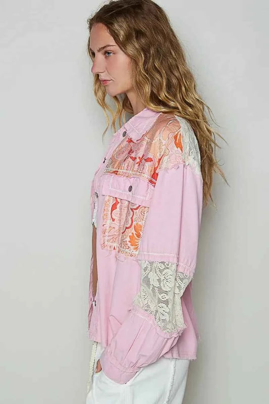 POL Printed Woven Mix Raw Hem Jacket with Lace Detail