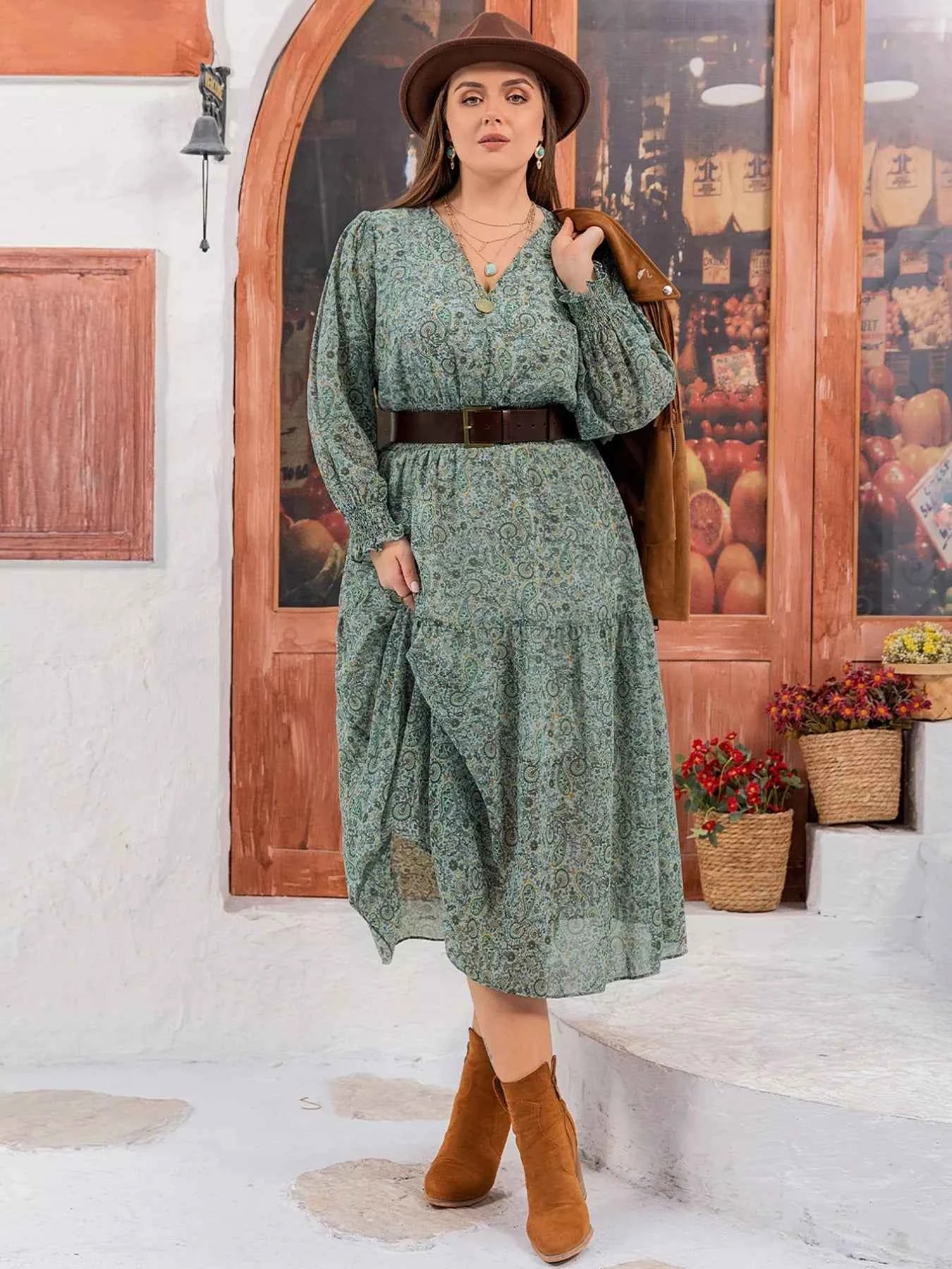 Plus Size Printed V-Neck Long Sleeve Midi Dress