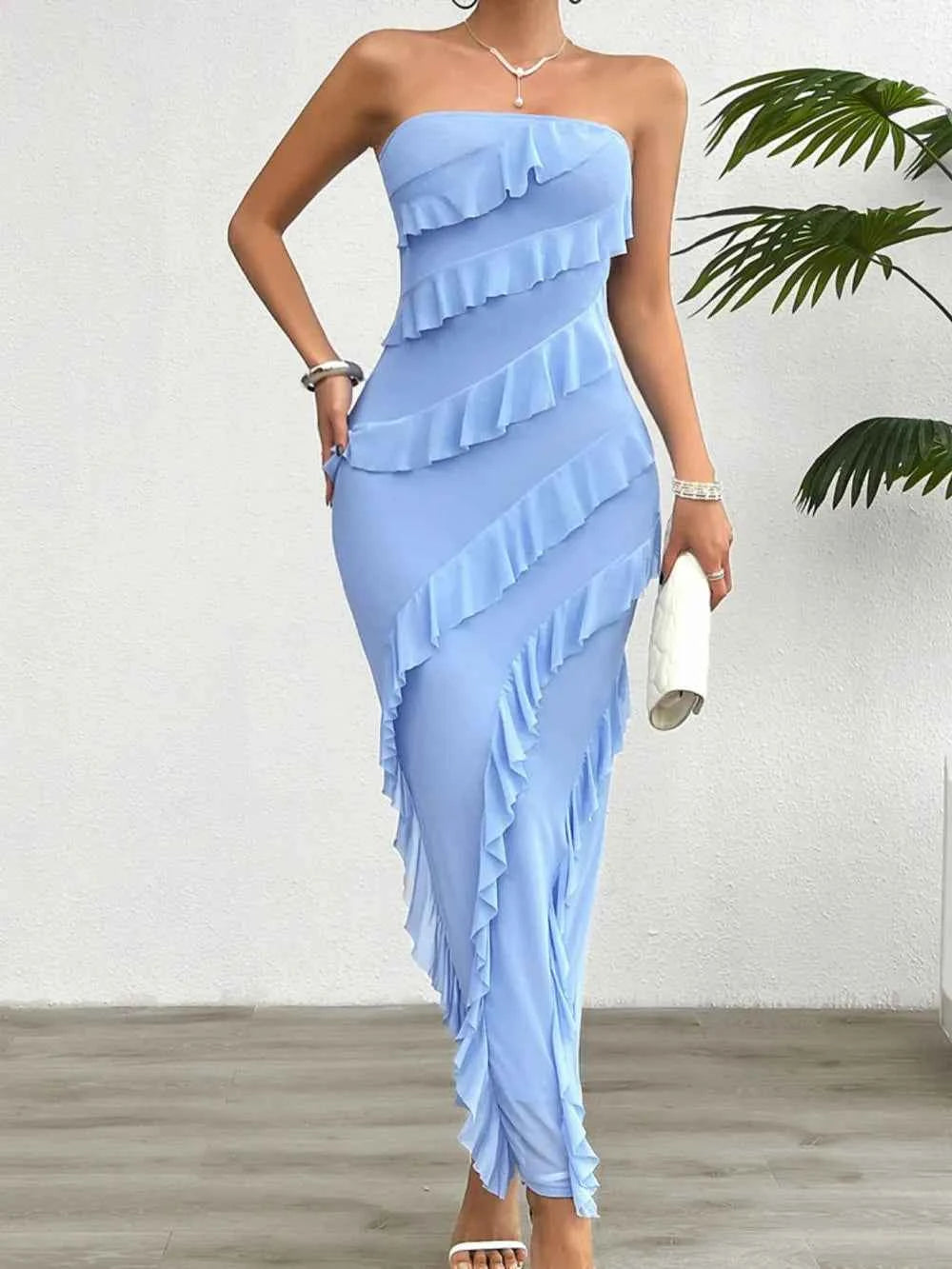 Ruffled Slit Back Tube Maxi Dress