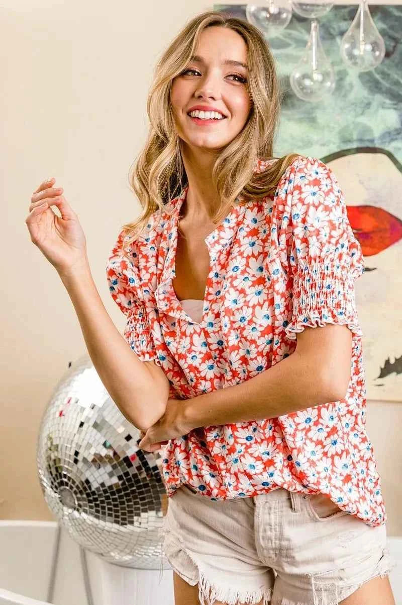 BiBi Floral Jqd Smoked Puff Sleeves V Neck Top