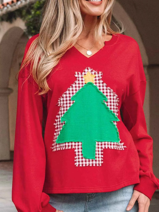 Plaid Frayed Double Christmas Tree Patched Drop Shoulder Sweatshirt