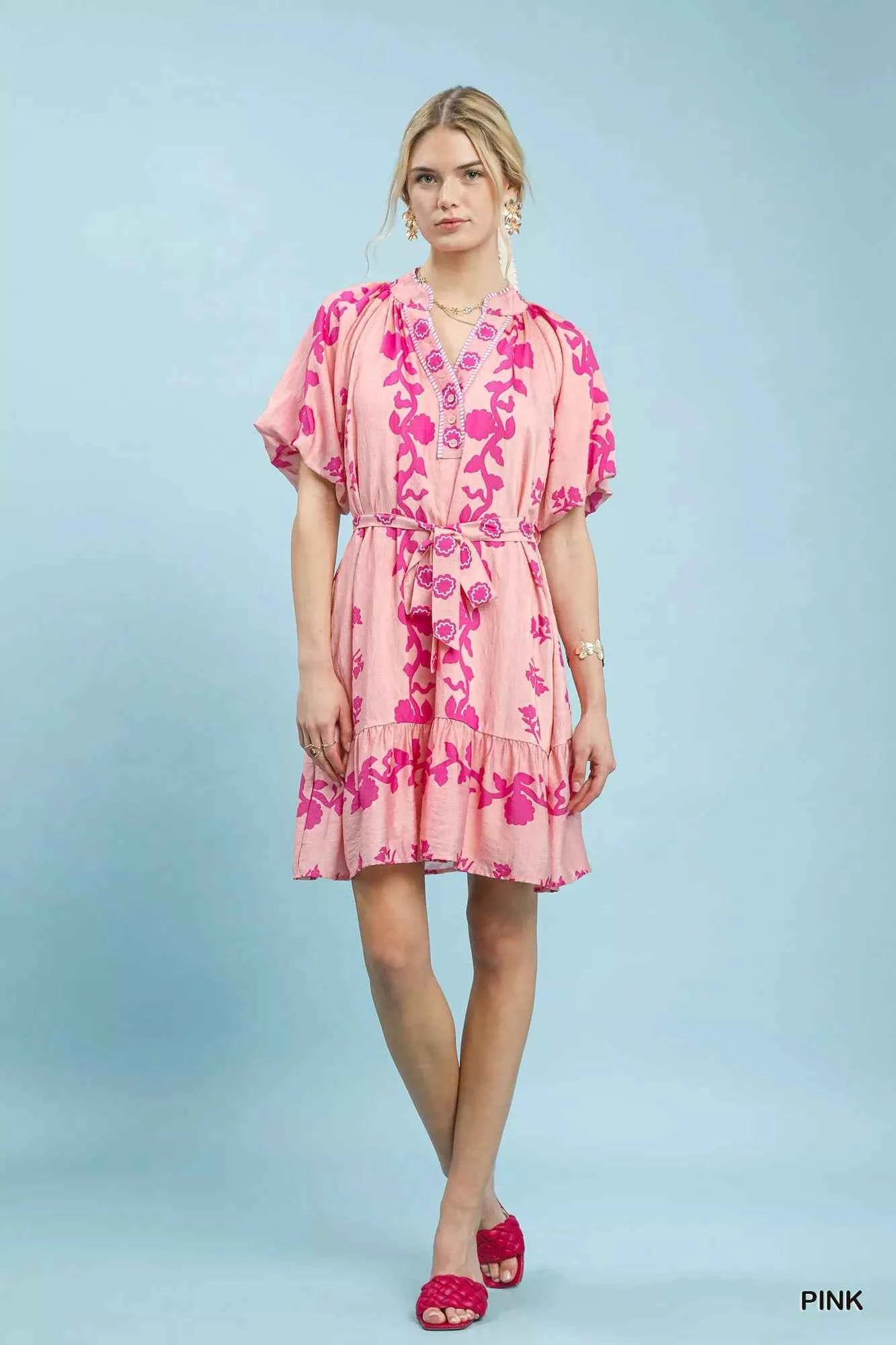 Umgee Floral Tie-Waist Boho Mini Dress