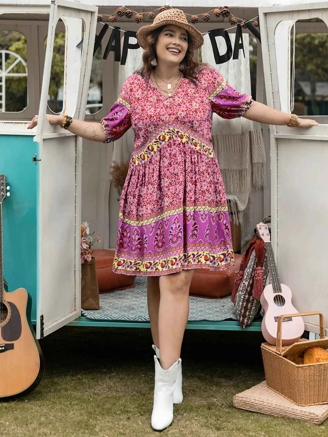 Plus Size Floral V-Neck Mini Dress