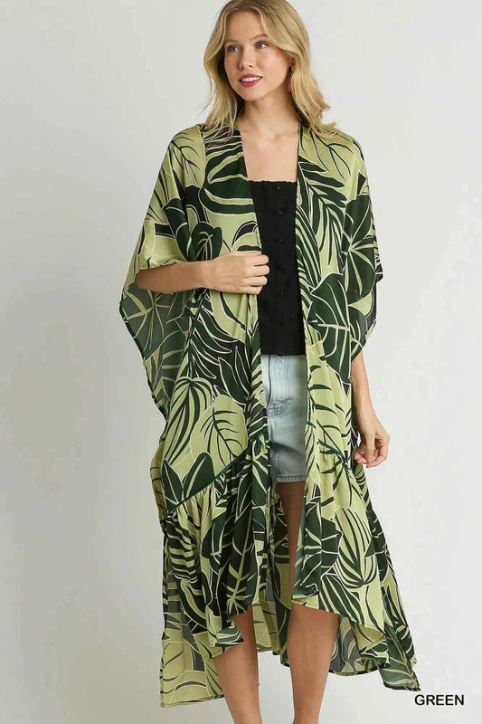 Umgee Satin Tropical Plant Print Open Front Kimono with Ruffle Details
