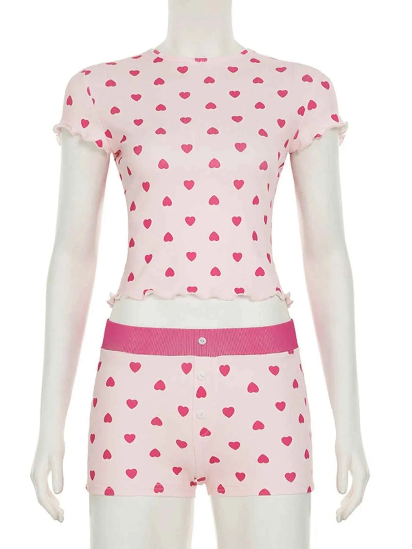 Heart Print Top and Shorts Loungewear Set