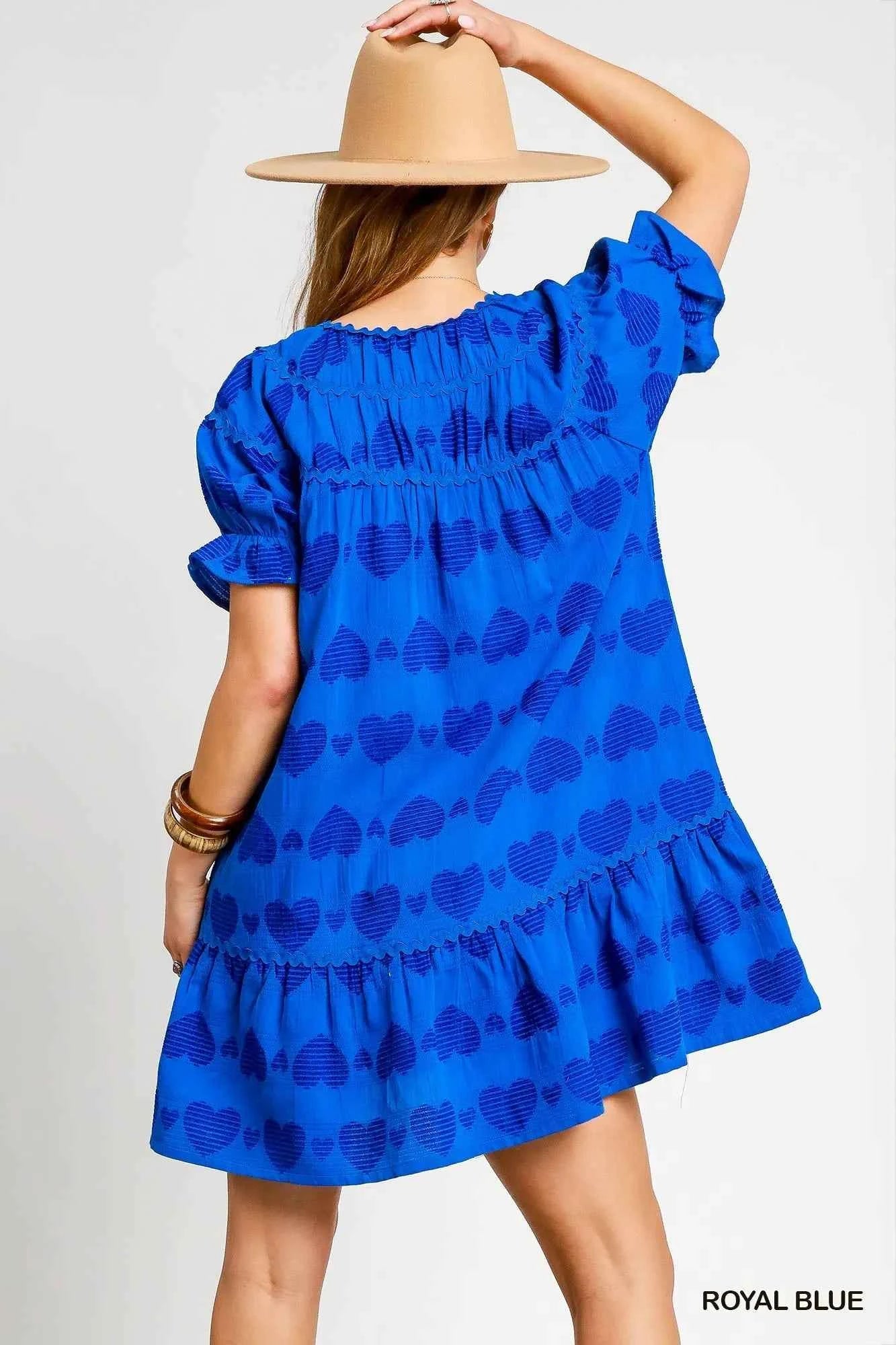 Umgee Heart Pattern Short Sleeve Ruffle Babydoll Dress