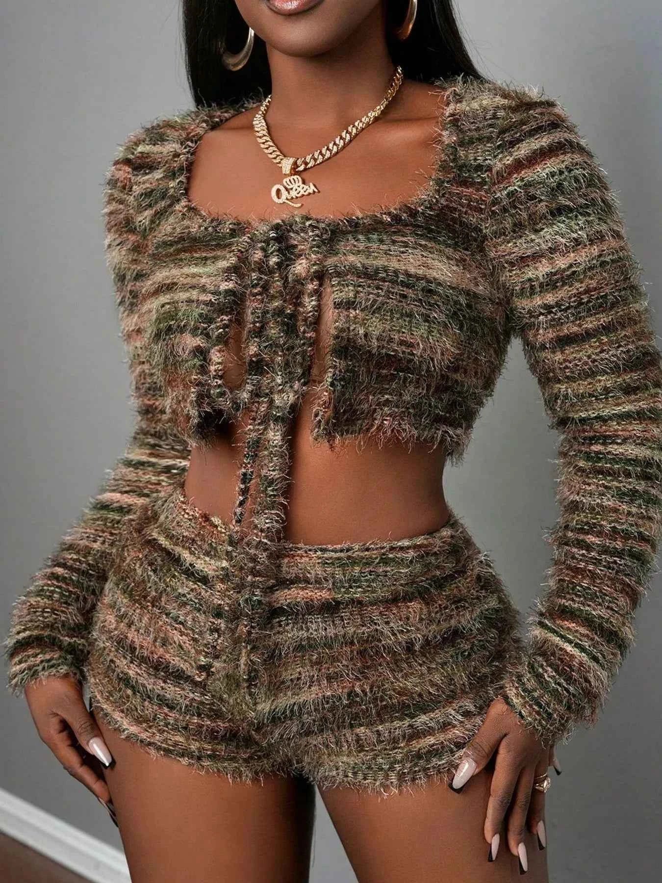 Square Neck Crop Top and Shorts Sweater Set