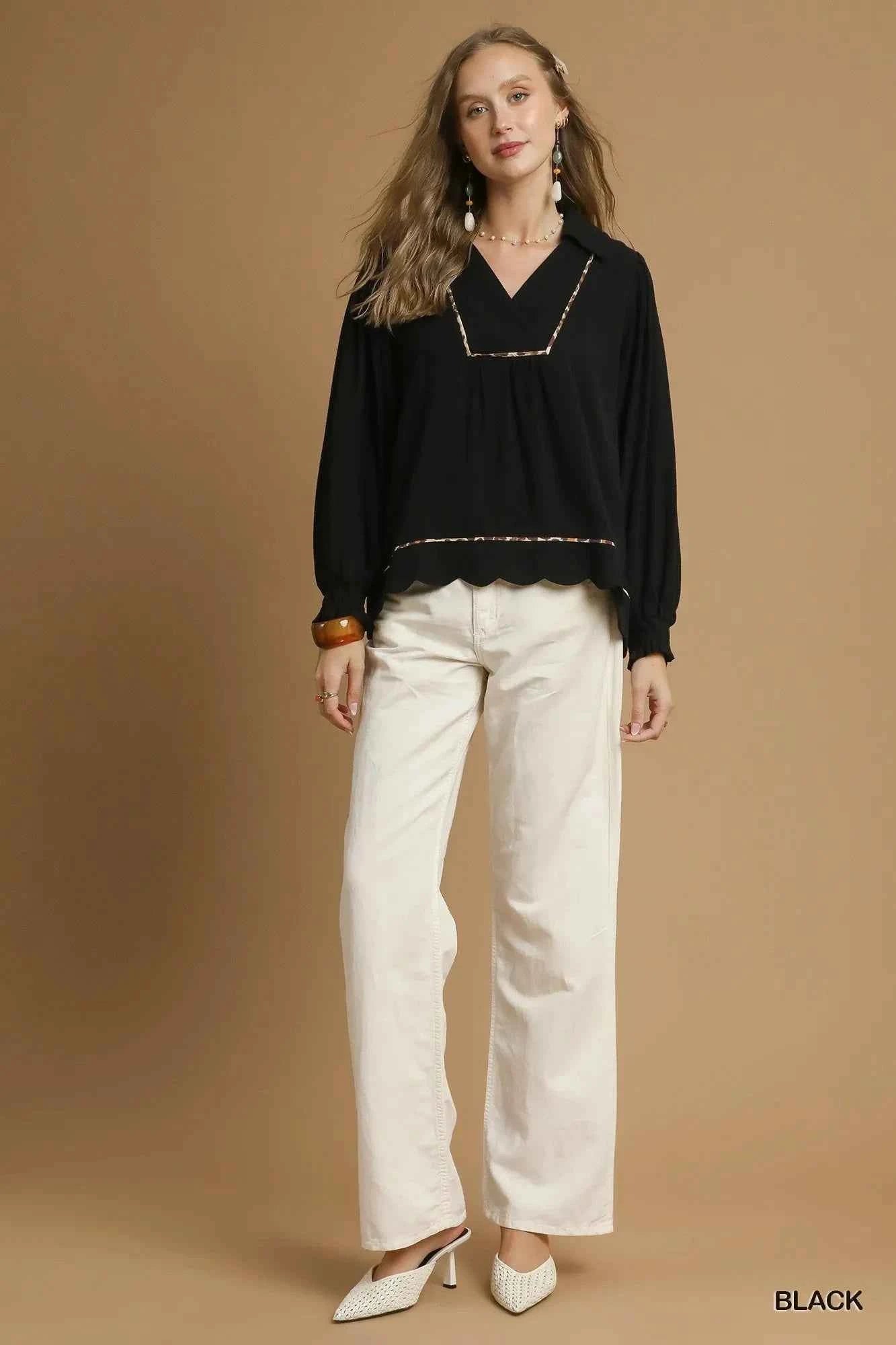 Umgee Full Size Linen Scallop Hem Blouse with Contrast Trim Plus Size