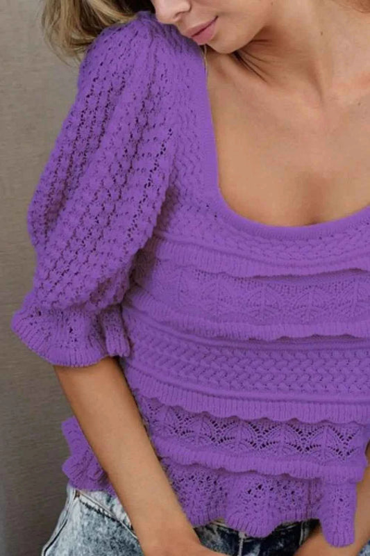 BiBi Square Neckline with Puff Sleeve Crochet Top
