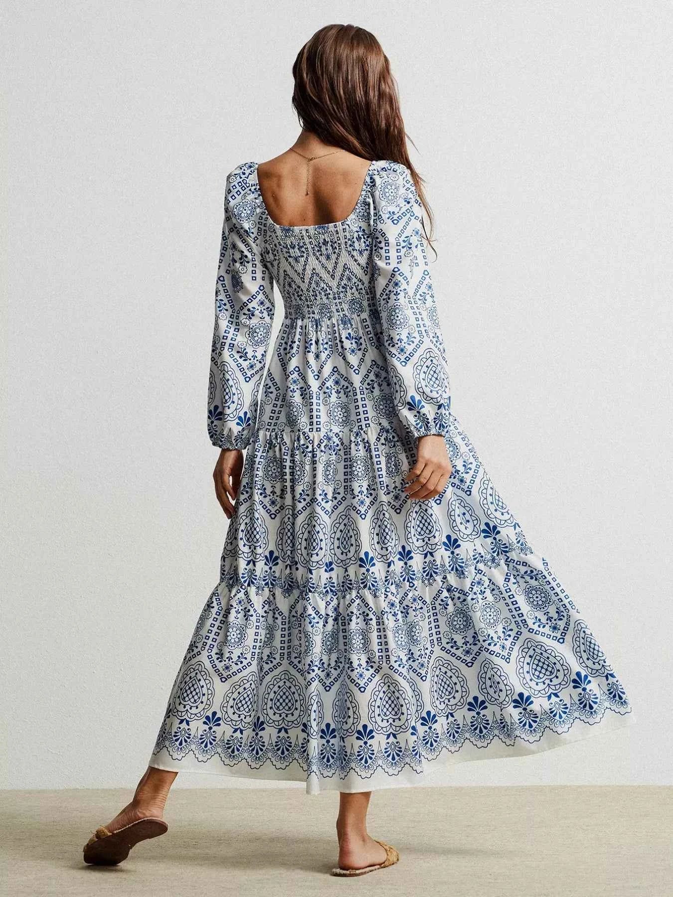 Bohemian Print Midi Dress with Tassel Detail