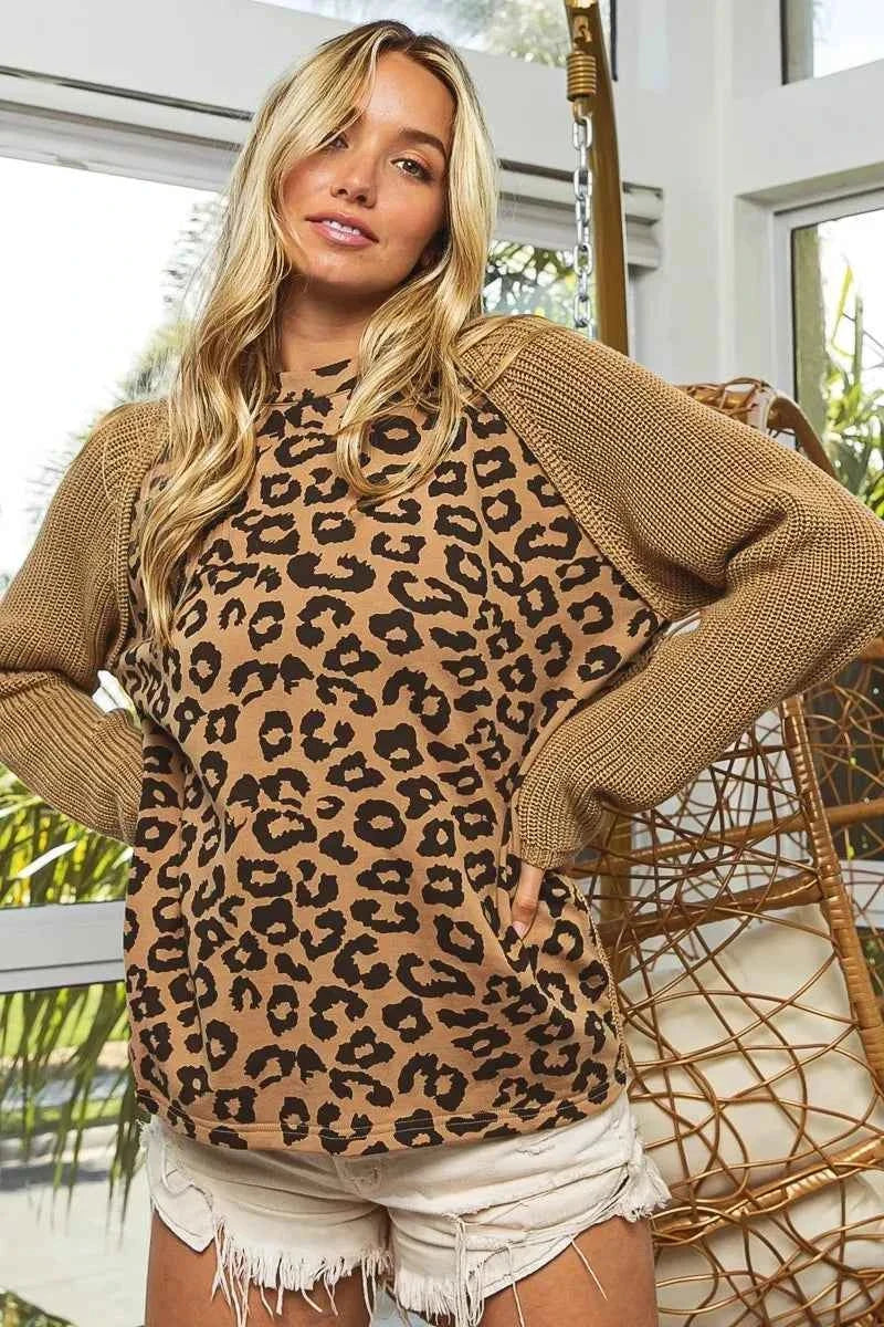 BiBi Leopard Pattern Front Raglan Sleeve Sweater