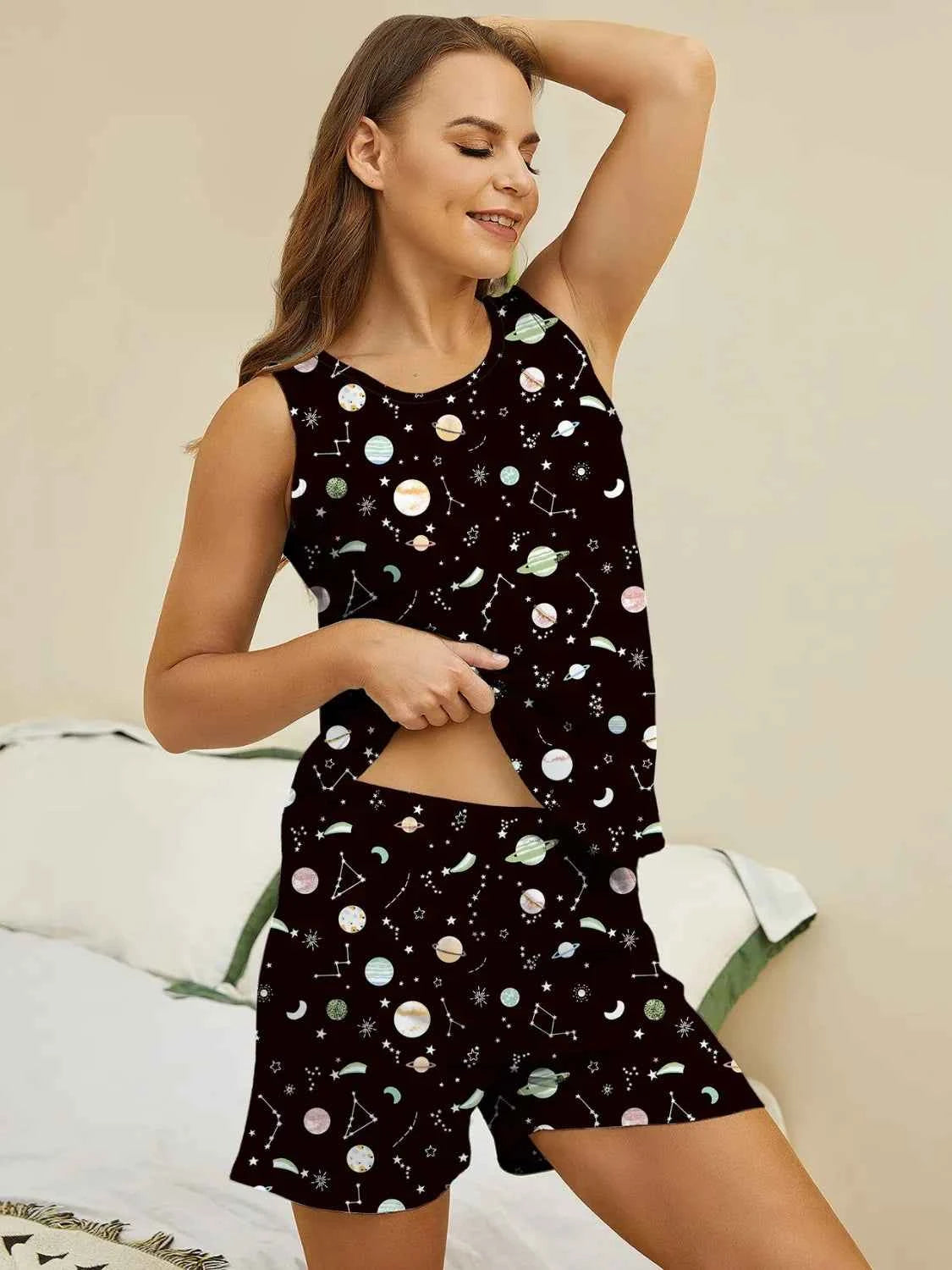 Printed Round Neck Top and Shorts Lounge Set