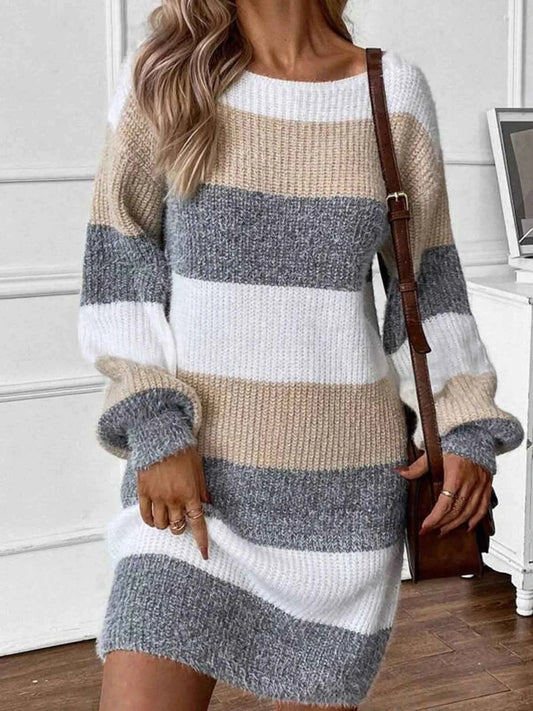 Color Block Long Sleeve Sweater Dress