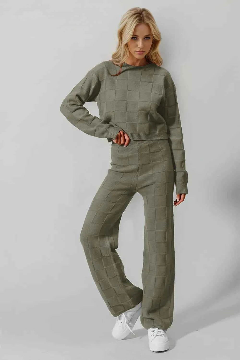 Double Take Full Size Checkered Round Neck Top and Pants Set