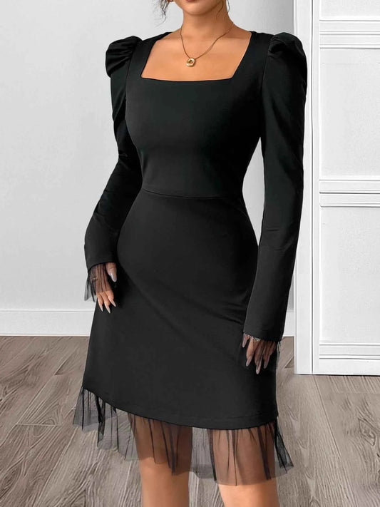 Square Neck Puff Sleeve Mesh Hem Dress