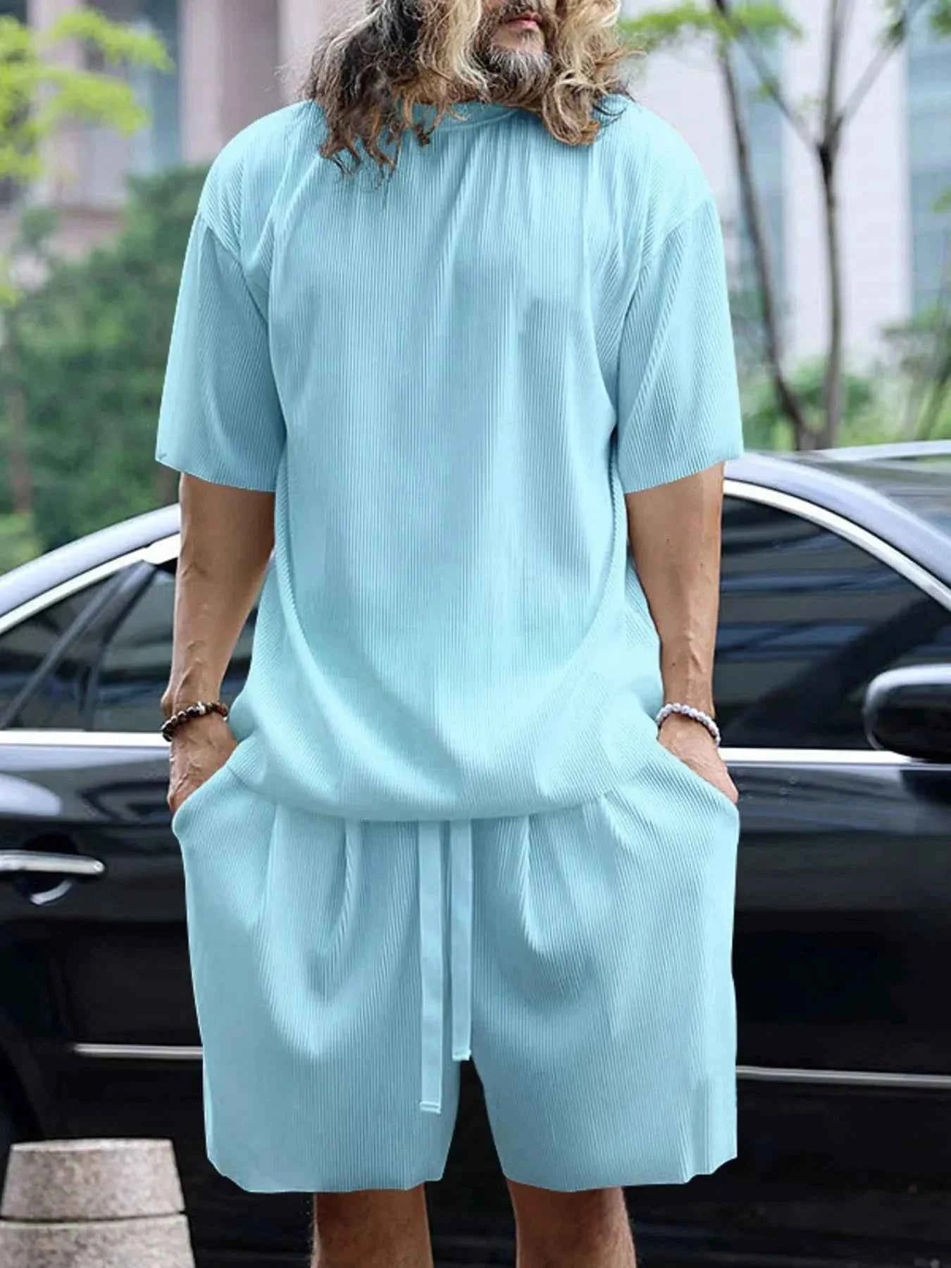 Men's Full Size Round Neck Short Sleeve Top and Shorts Set Plus Size