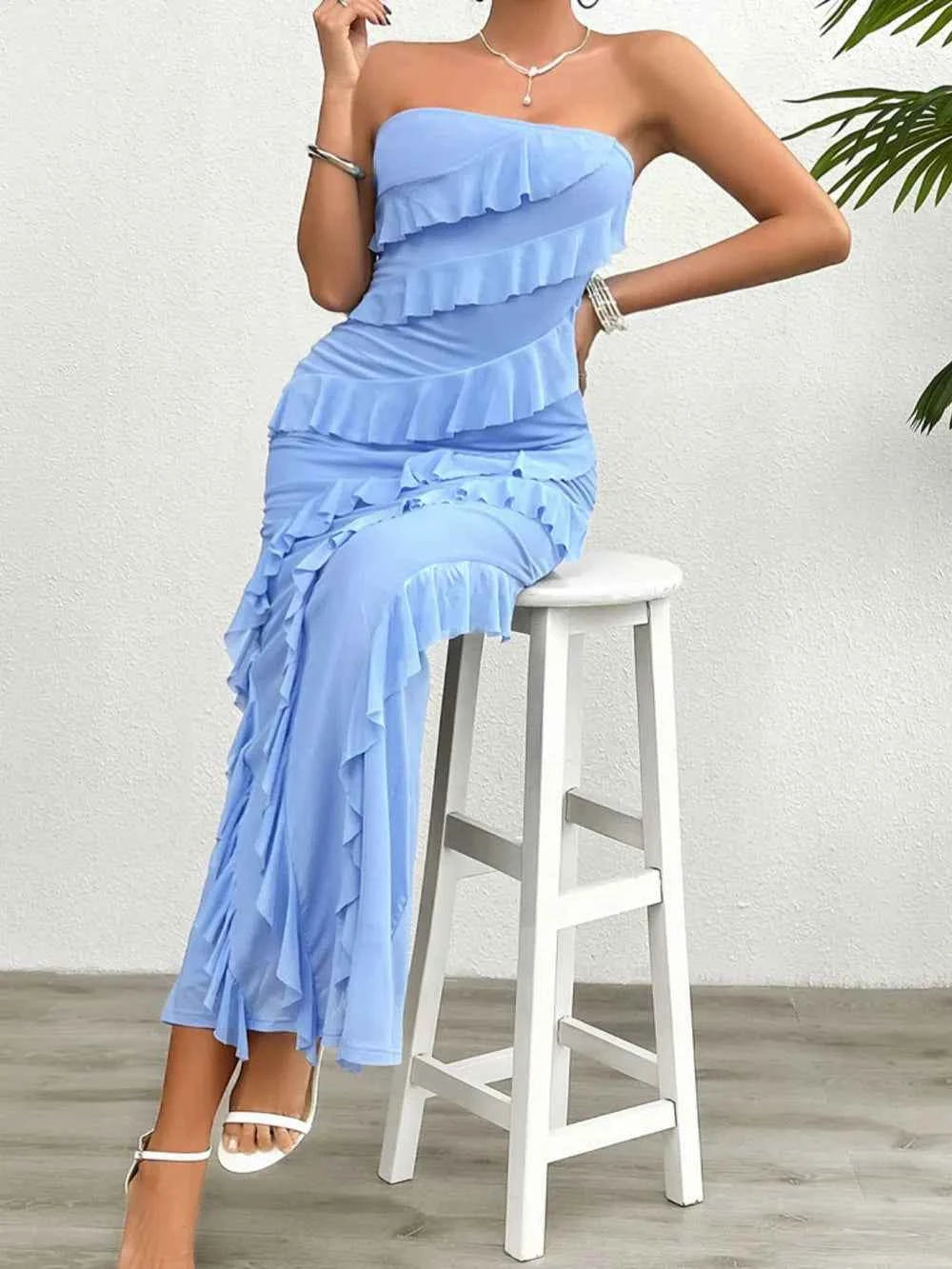 Ruffled Slit Back Tube Maxi Dress