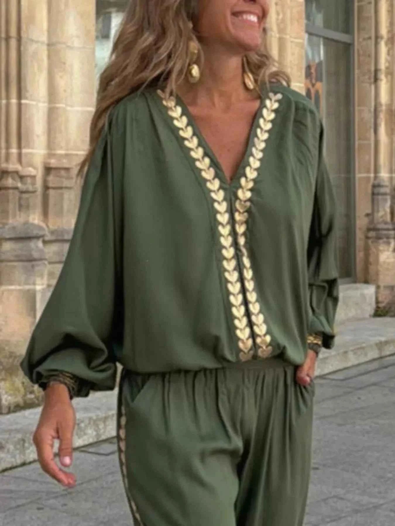 Full Size Contrast Trim V-Neck Top and Pants Set Plus Size