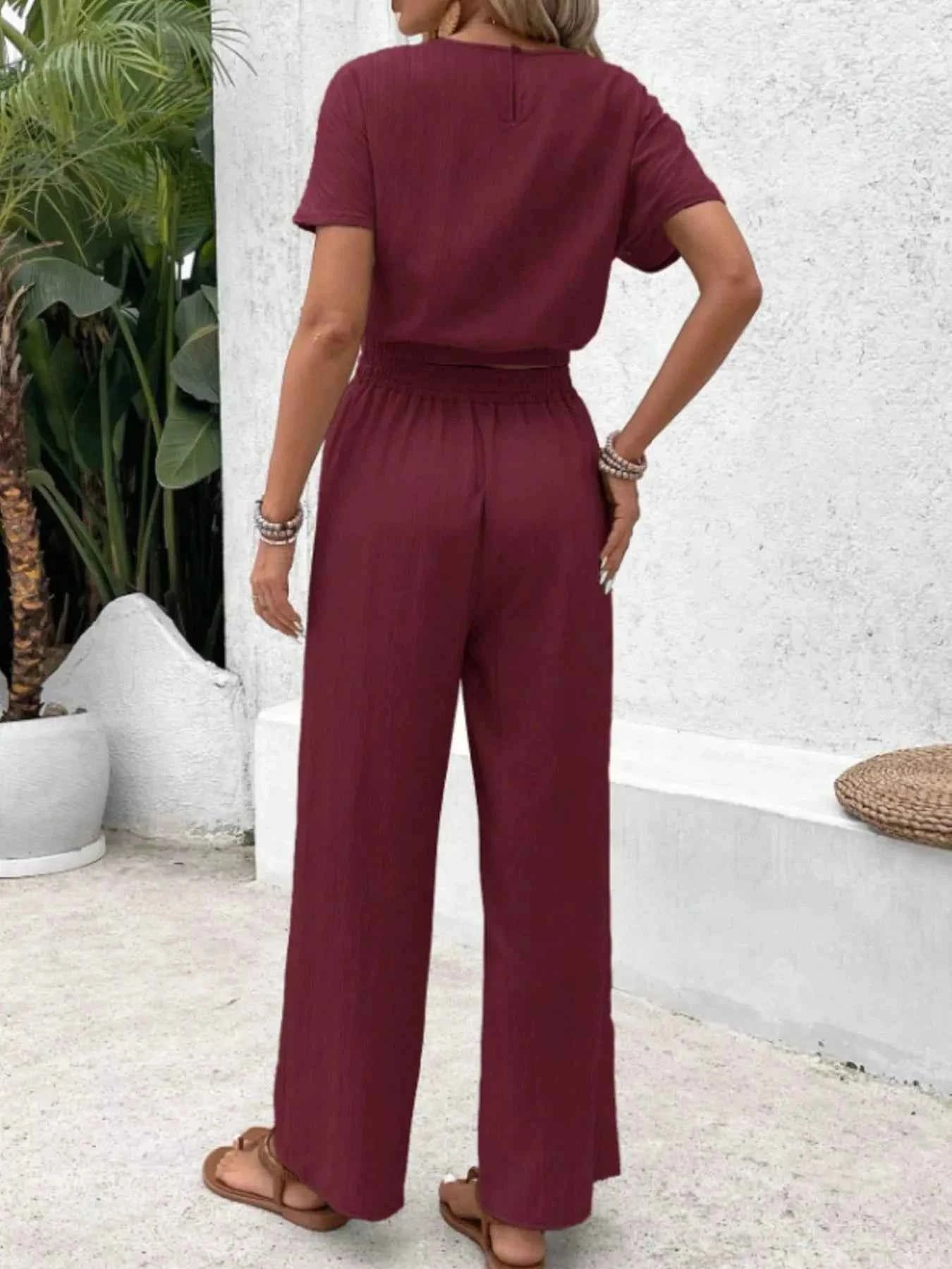 Round Neck Short Sleeve Top and Pants Set