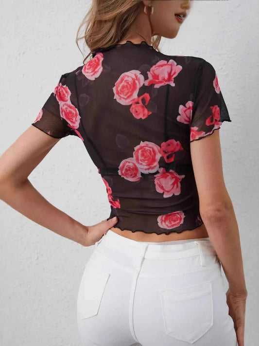 Mesh Rose Print Fitted T-Shirt