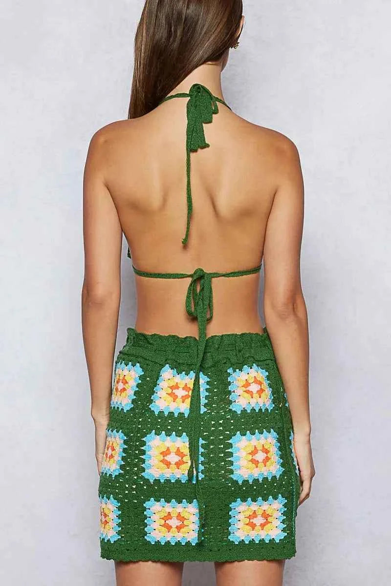 POL Crochet Halter Neck Cami and Skirt Sweater Set